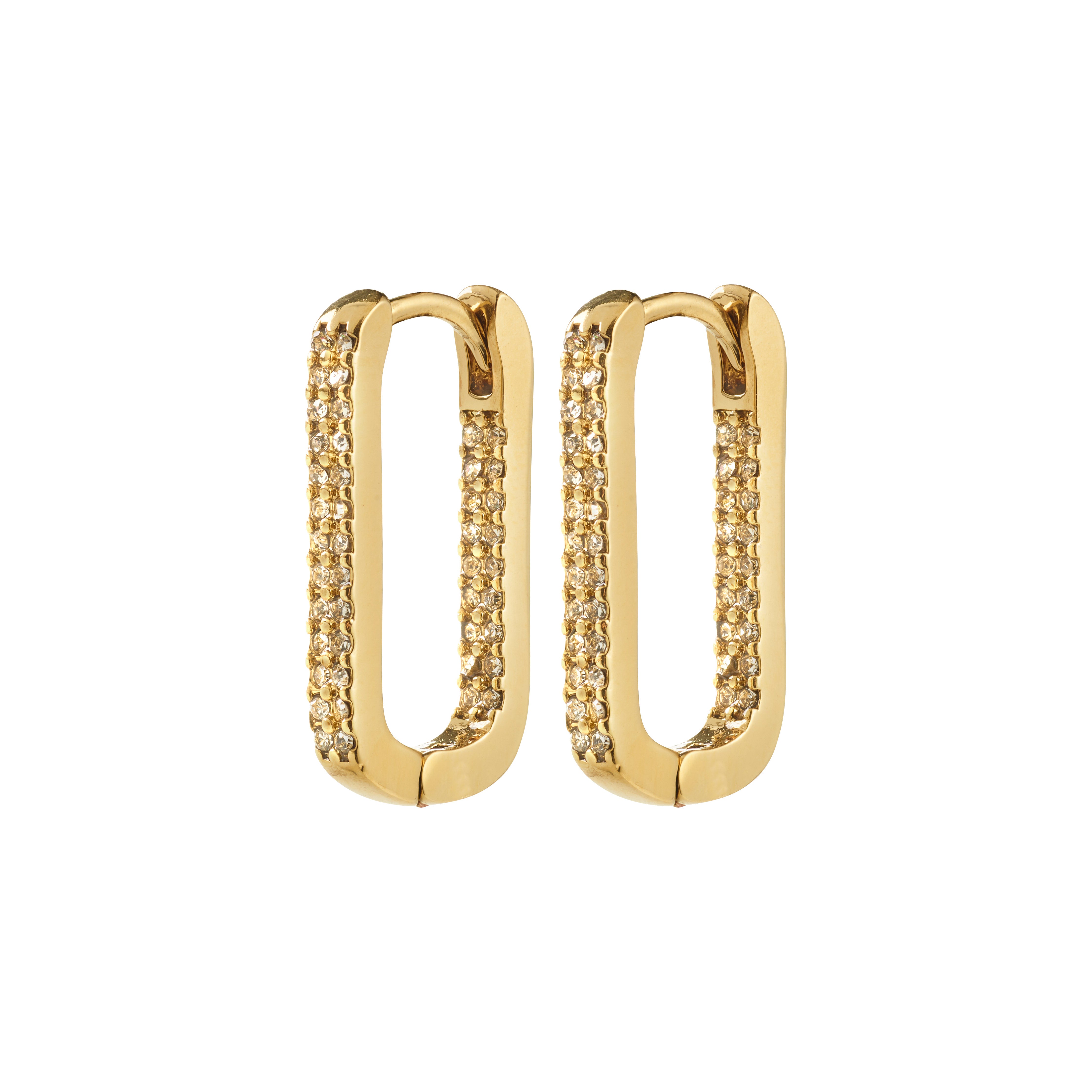 PHASE oval hoops gold-plated with pavé-set Preciosa crystals, showcasing an elegant oval-rectangular design and a click clasp for easy wear.